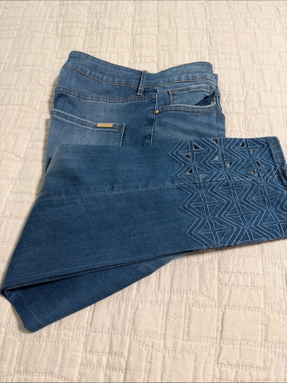 White House Black Market Blue Slim Jeans with Geometric Embroidery